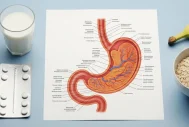 stomach diagram with coffee, pH strips, milk, antacids, banana and oatmeal on a blue surface, left side open for headline.