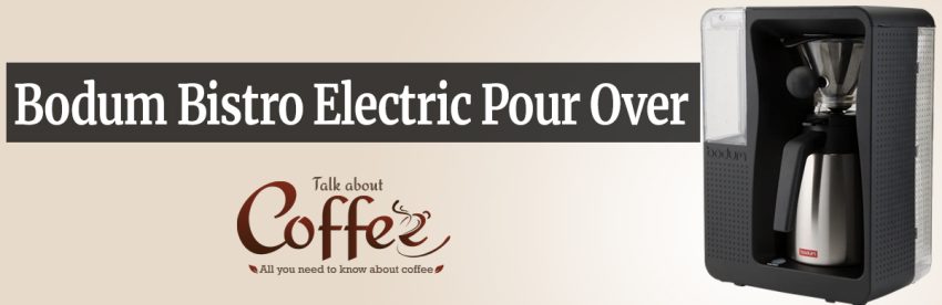 Bodum Bistro electric pour over coffee maker in black with perforated panel, showing the cone filter holder and stainless thermal carafe