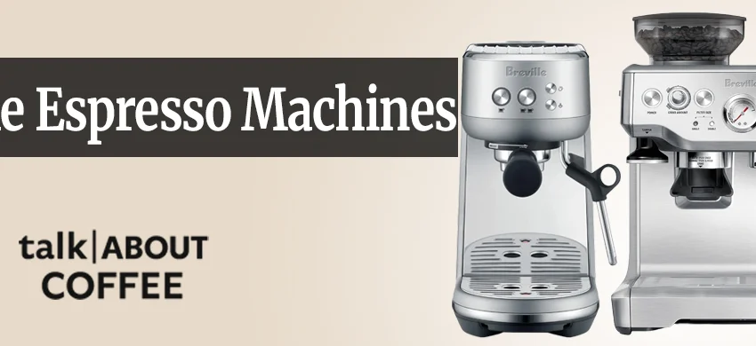 A Breville Bambino espresso machine pulling a shot of espresso with crema into a white porcelain cup
