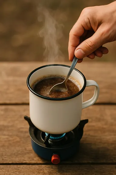 Cowboy coffee brewing in enamel pot on gas burner showing traditional stovetop method