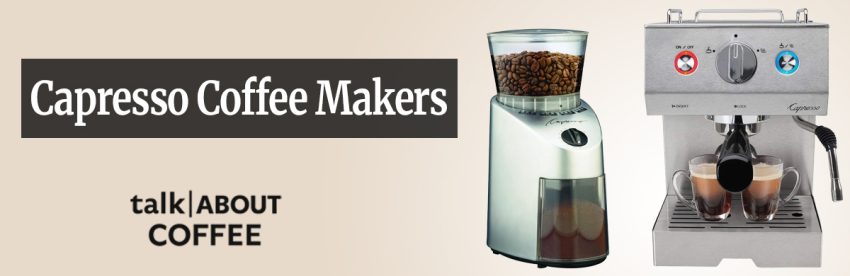 A Capresso conical burr grinder beside a Capresso CoffeeTeam combo machine with built-in grinder on a kitchen counter
