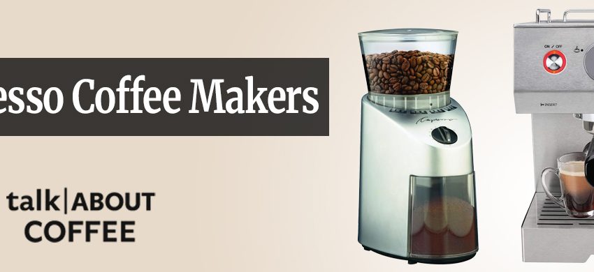 A Capresso conical burr grinder beside a Capresso CoffeeTeam combo machine with built-in grinder on a kitchen counter