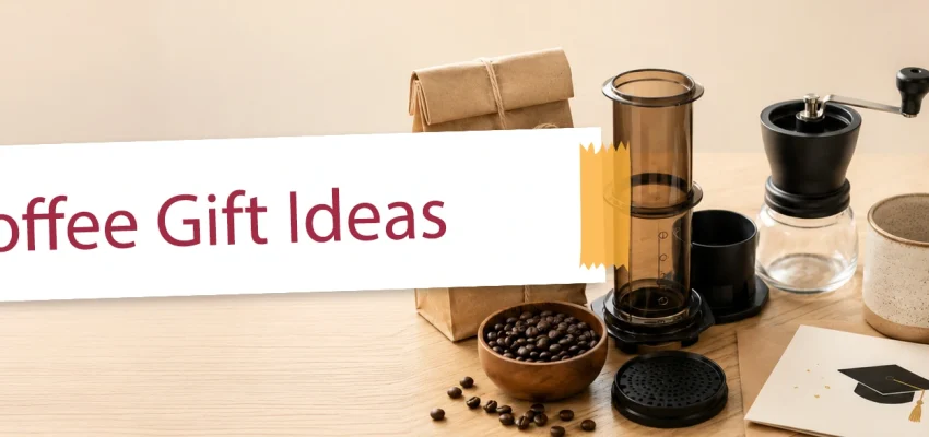 An assortment of coffee gift items including an AeroPress, beans, and a ceramic mug arranged for a graduation gift