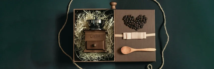 Coffee gift box with a vintage wooden hand grinder in shredded paper, a heart made of roasted coffee beans on the lid, and a wooden scoop