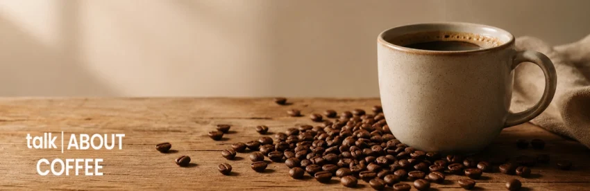 A steaming ceramic mug of black coffee on a rustic wooden table with roasted coffee beans scattered in front, against a warm neutral background