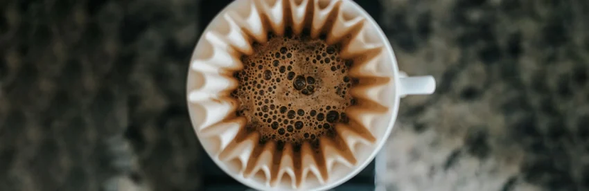 Top-down view of coffee blooming through a white fluted paper coffee filter set in a pour-over dripper, against a dark stone background