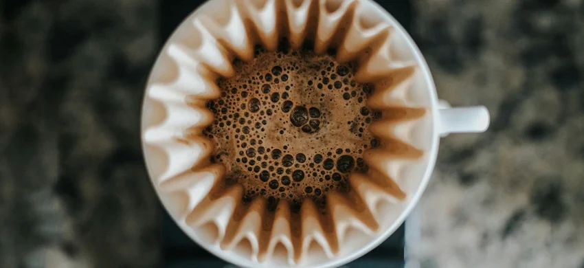 Top-down view of coffee blooming through a white fluted paper coffee filter set in a pour-over dripper, against a dark stone background