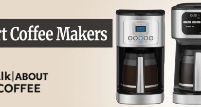 A Cuisinart drip coffee maker on a kitchen counter brewing into a glass carafe