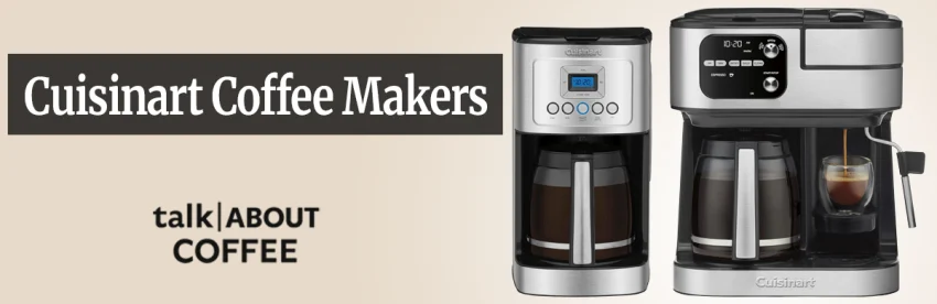 A Cuisinart drip coffee maker on a kitchen counter brewing into a glass carafe