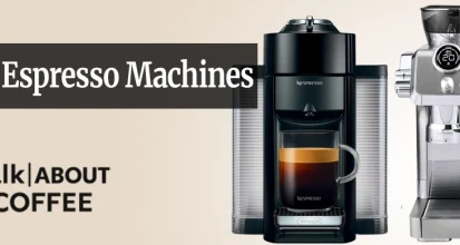 A DeLonghi Magnifica super-automatic espresso machine on a kitchen counter with espresso shot and milk pitcher