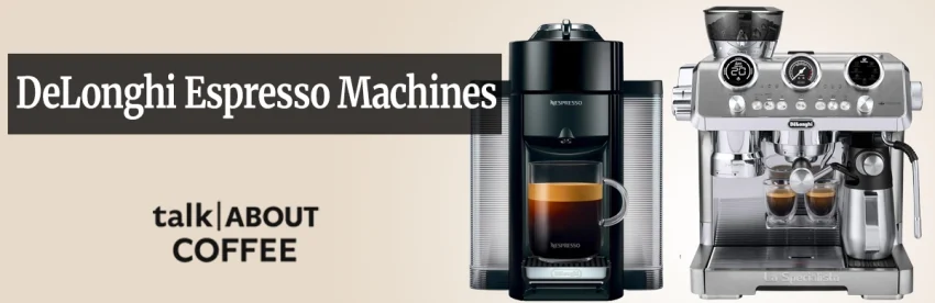 A DeLonghi Magnifica super-automatic espresso machine on a kitchen counter with espresso shot and milk pitcher