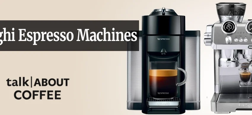 A DeLonghi Magnifica super-automatic espresso machine on a kitchen counter with espresso shot and milk pitcher