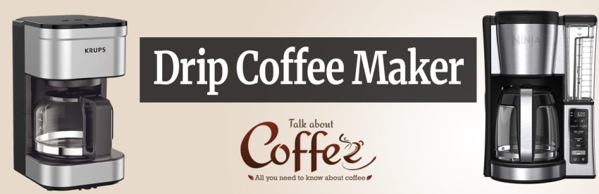 Two drip coffee makers side by side, a compact Krups model with a glass carafe and a Ninja programmable brewer with a control panel