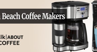 A Hamilton Beach BrewStation drip coffee maker dispensing coffee directly into a white ceramic mug on a kitchen counter
