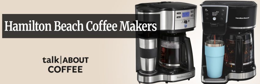 A Hamilton Beach BrewStation drip coffee maker dispensing coffee directly into a white ceramic mug on a kitchen counter