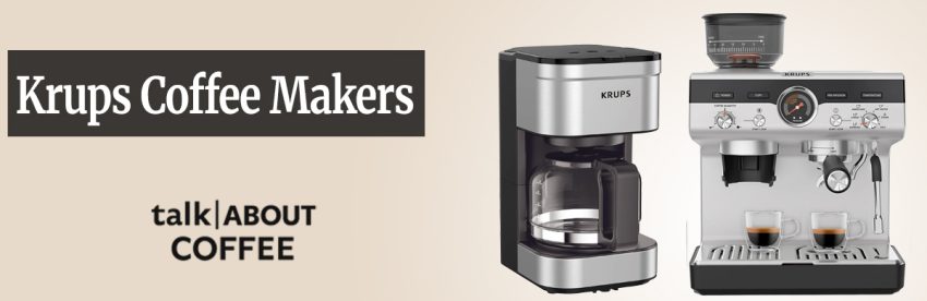 A Krups Espresseria super-automatic espresso machine on a kitchen counter pulling a shot of espresso into a white cup