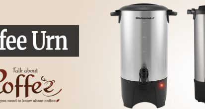 Large stainless steel coffee urn set up for serving, the kind used at events and large gatherings