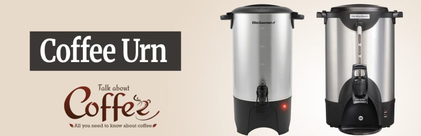 Large stainless steel coffee urn set up for serving, the kind used at events and large gatherings