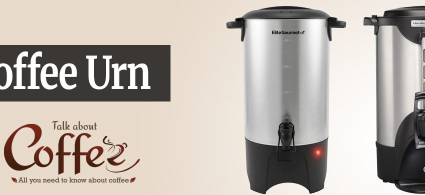 Large stainless steel coffee urn set up for serving, the kind used at events and large gatherings