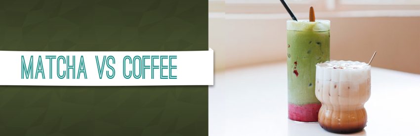 Tall glass of iced matcha latte next to an iced latte on a white table