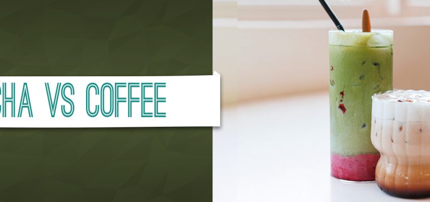 Tall glass of iced matcha latte next to an iced latte on a white table