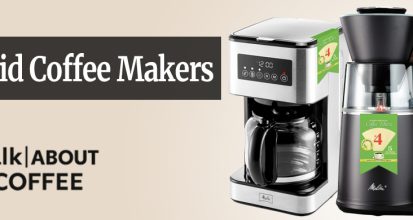 A Melitta cone-filter pour-over with a brown number 4 paper filter and ground coffee, gooseneck kettle pouring hot water