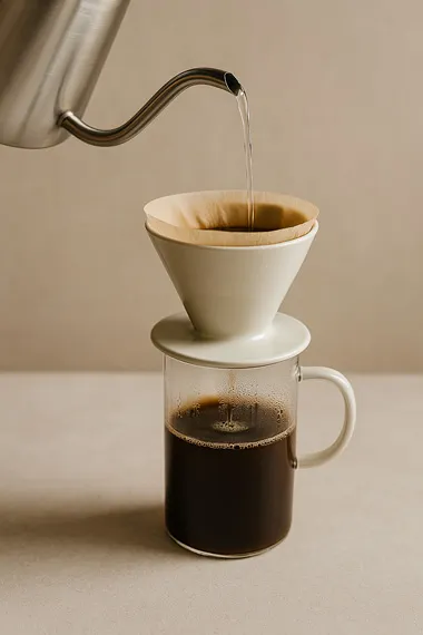 Manual pour-over coffee brewing with dripper and paper filter over ceramic mug