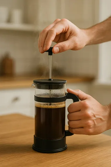 French press coffee maker being operated by hand for non-electric brewing method