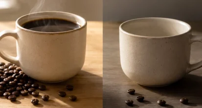 A cup of black coffee with research notes illustrating the pros and cons of drinking coffee for health