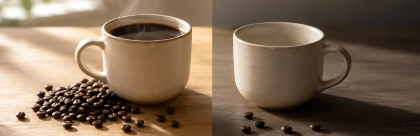 A cup of black coffee with research notes illustrating the pros and cons of drinking coffee for health