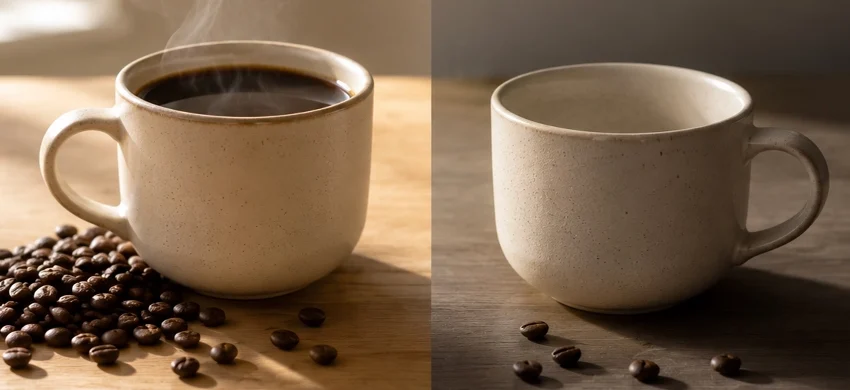 A cup of black coffee with research notes illustrating the pros and cons of drinking coffee for health