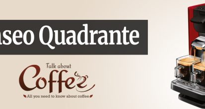 Red Senseo Quadrante HD7860 pod coffee machine brewing two cups of crema-topped coffee at once, with a clear water reservoir on the side