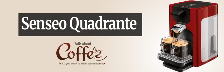 Red Senseo Quadrante HD7860 pod coffee machine brewing two cups of crema-topped coffee at once, with a clear water reservoir on the side