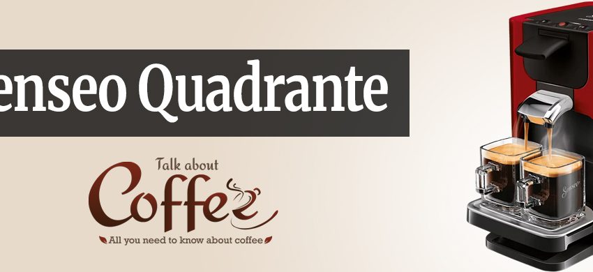 Red Senseo Quadrante HD7860 pod coffee machine brewing two cups of crema-topped coffee at once, with a clear water reservoir on the side