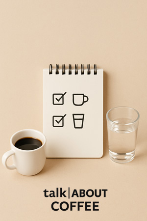 Minimal lay with coffee, water glass, and a small checklist on a neutral backdrop