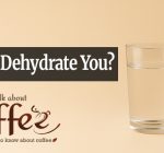 Header with a water glass and coffee mug on a warm beige background, space for headline on the left.