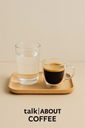 Coffee mug next to a glass of water on a tray, soft neutral background