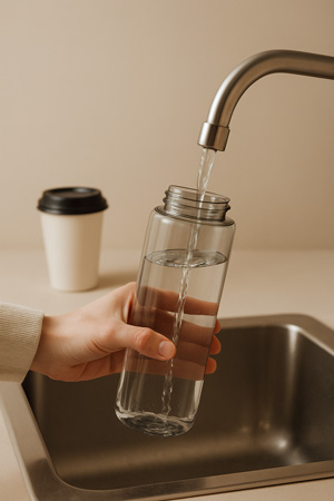 Hand filling a water bottle with a takeaway coffee cup in the background.