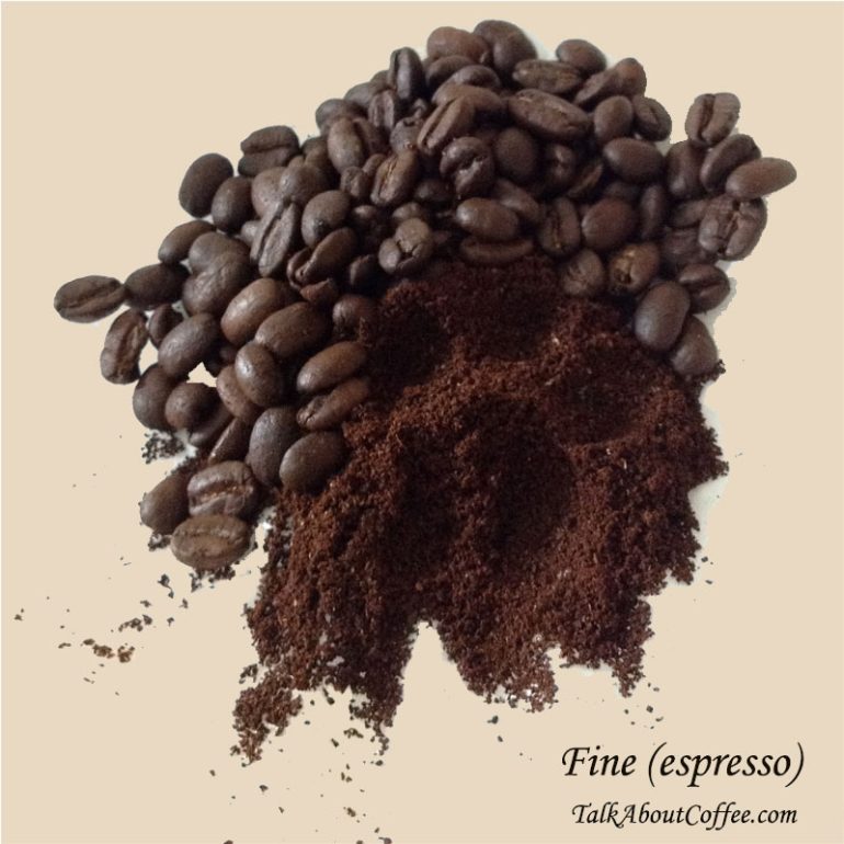 A mound of finely ground coffee beside whole roasted beans, the fine grind used for espresso