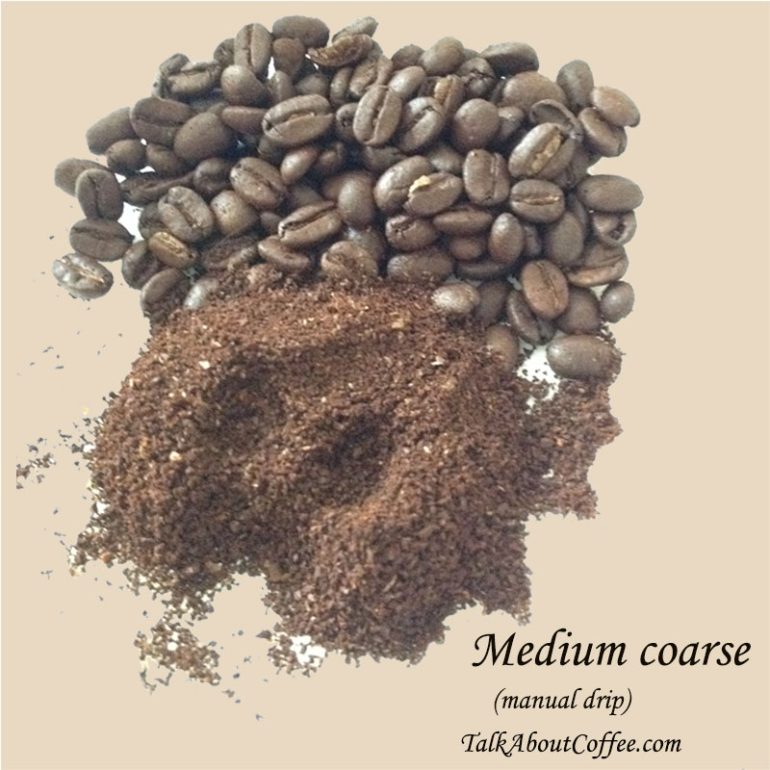 Medium-coarse ground coffee beside whole beans, the grind used for Chemex and percolators
