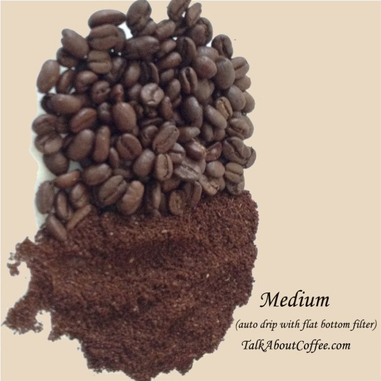 Medium ground coffee beside whole beans, the all-purpose grind for automatic drip machines
