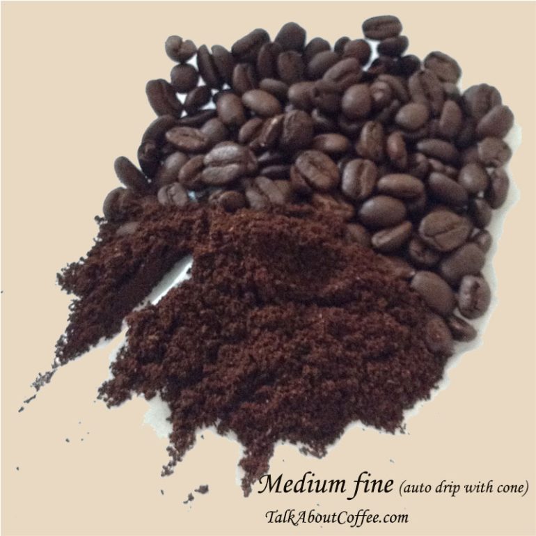 Medium-fine ground coffee beside whole beans, the grind used for cone-filter drip and AeroPress