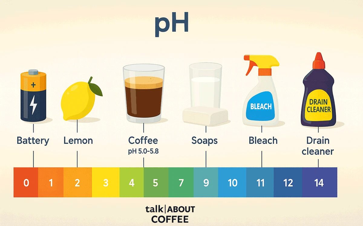 Educational pH scale from 0 to 14 with simple illustrations. Acidic end shows a battery (0) and lemon (2). Mid-range highlights coffee (5.0–5.8). Alkaline side shows soaps (10), bleach (12), and drain cleaner (14).